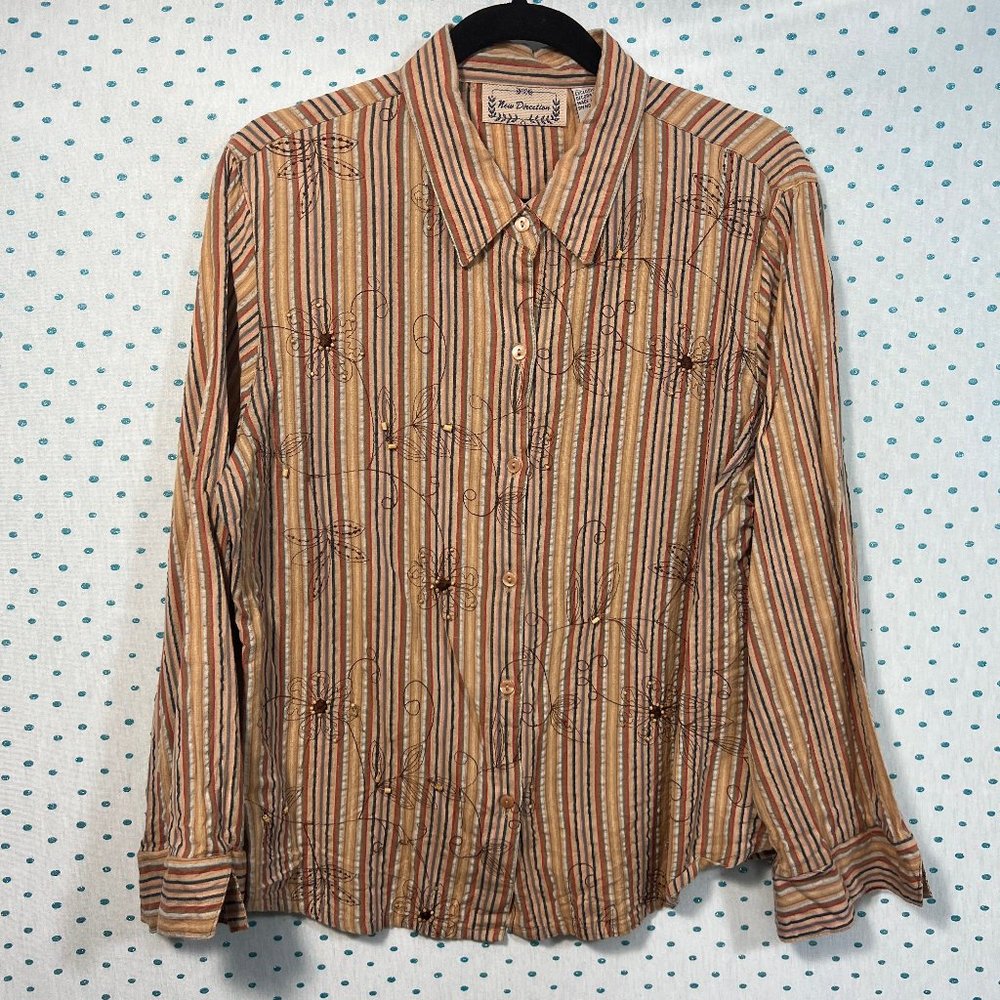 New Directions Vintage Orange & Brown Striped Floral Button Up Shirt